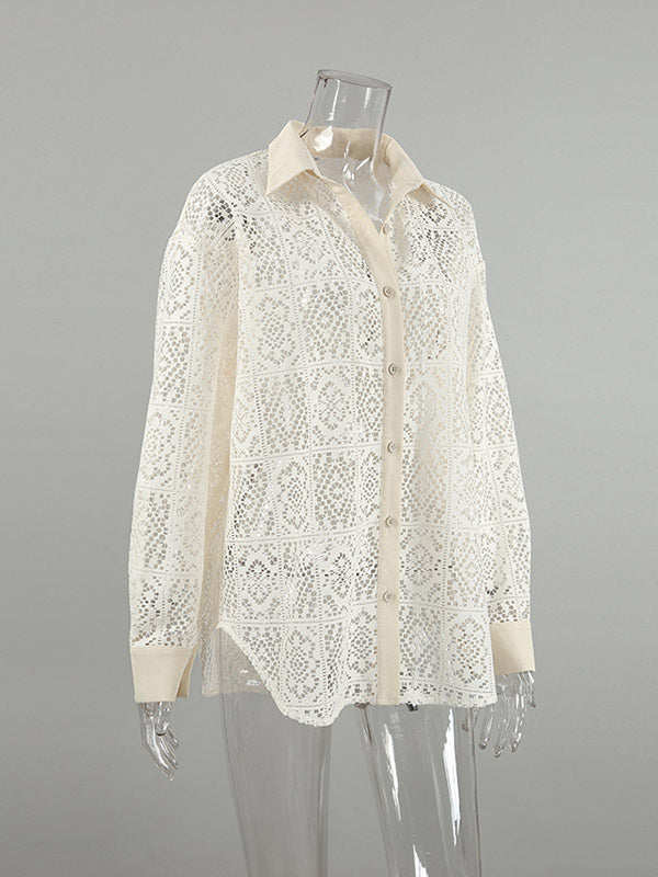 Buttoned Hollow See-Through Solid Color Sun Protection Long Sleeves Loose Lapel Collar Blouses&Shirts Tops