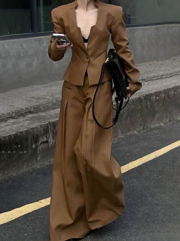 Buttoned Split-Joint Striped Long Sleeves Loose V-Neck Outerwear Blazer