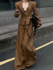 Buttoned Split-Joint Striped Long Sleeves Loose V-Neck Outerwear Blazer