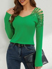 Hollow Rhine Stones Split-Joint Long Sleeves Loose V-Neck T-Shirts Tops