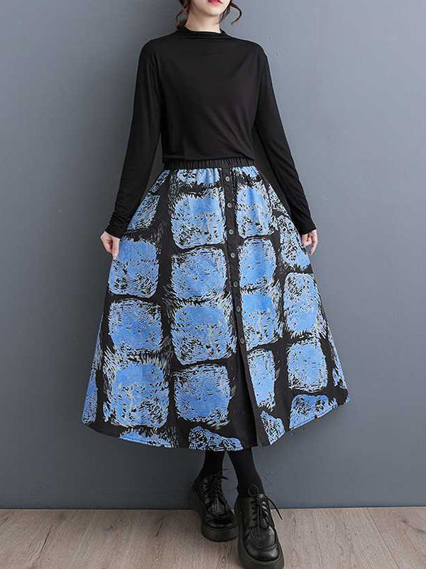 Contrast Color Elasticity Printed Split-Joint A-Line Loose Skirts