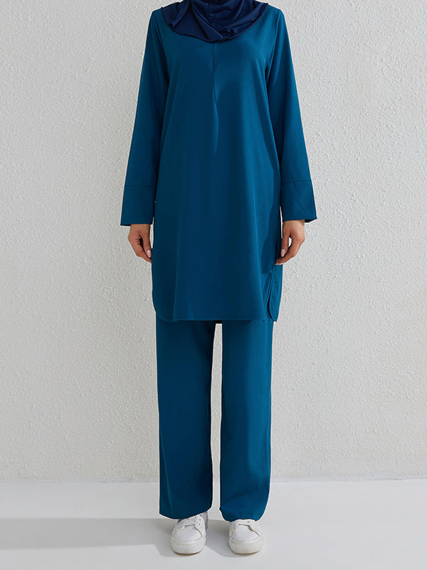Round-Neck Long Sleeves Pockets Solid Color Split-Side Shirts Top + Pants Bottom Two Pieces Set