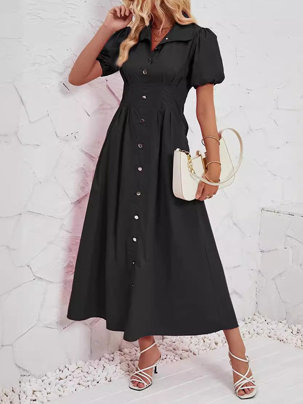 Pleated Split-Joint Loose Puff Sleeves Lapel Shirt Dress Maxi Dresses