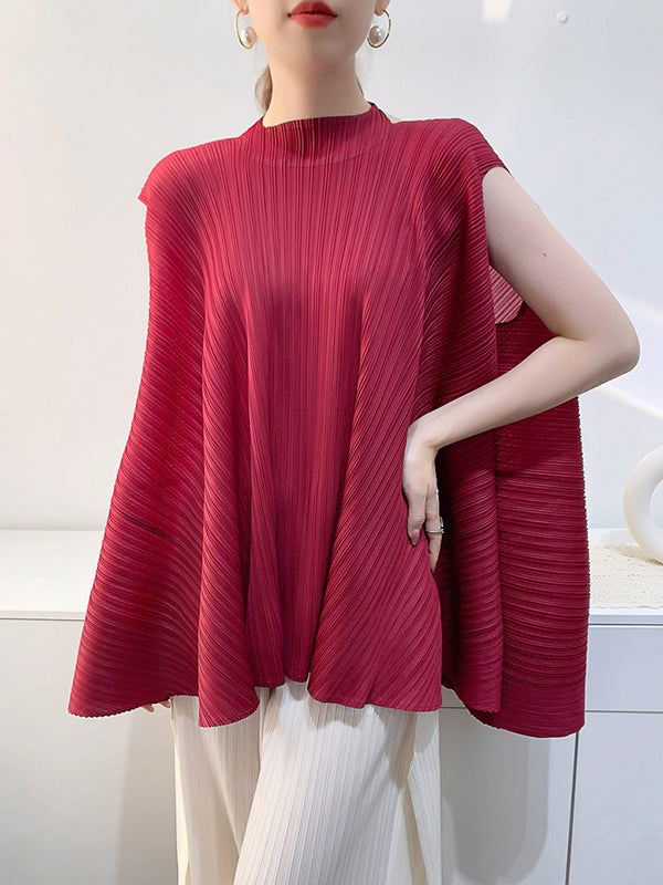 Pleated Solid Color Loose Sleeveless Halter-Neck T-Shirts Tops