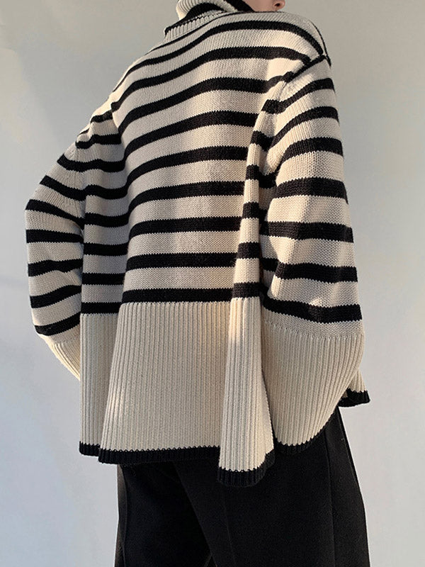 Contrast Color Pleated Split-Joint Split-Side Striped Patterns Long Sleeves Loose High Neck Sweater Tops