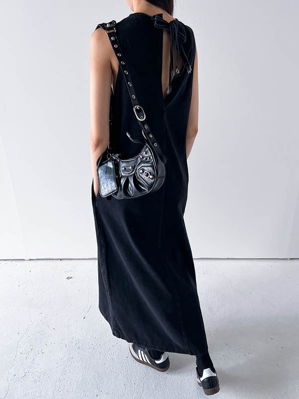 Pockets Solid Color Tied A-Line Loose Round-Neck Maxi Dresses