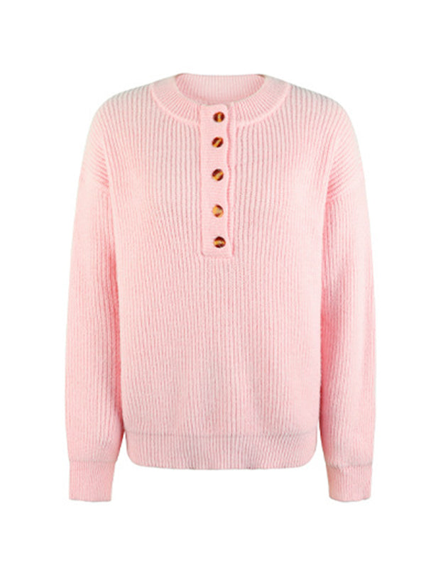 Casual Long Sleeves Solid Color Round-Neck Sweater Tops