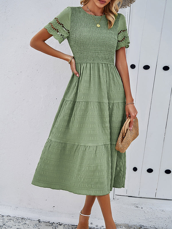 Elasticity Hollow Solid Color Split-Joint A-Line Loose Round-Neck Midi Dresses