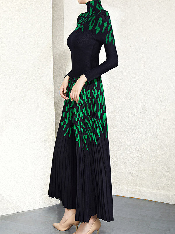 Printed Long Sleeves Mock Neck T-Shirt Top + Pleated A-Line Skirts Bottom Two Pieces Set