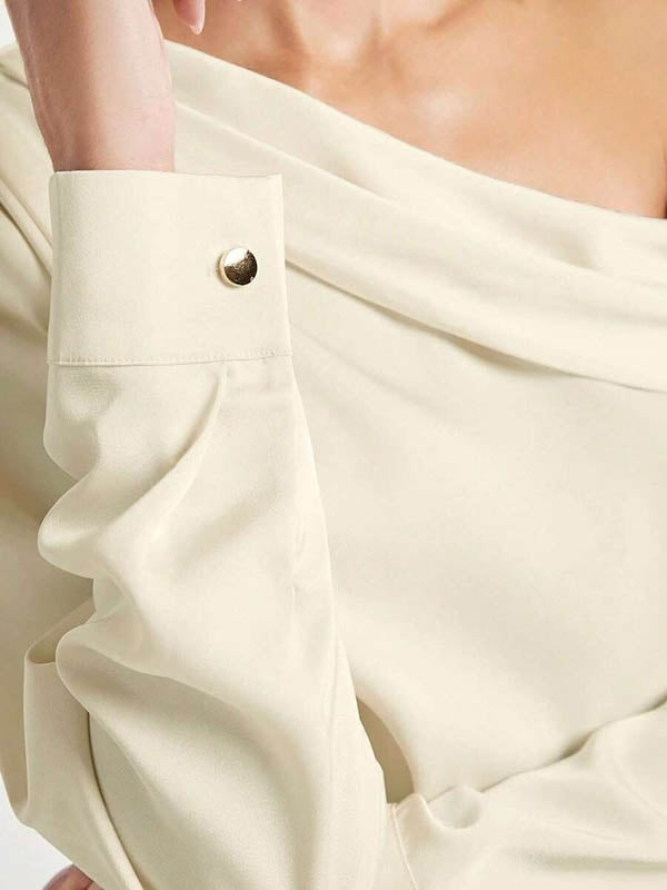 Pleated Solid Color Split-Joint Long Sleeves Skinny One-Shoulder Blouses&Shirts Tops