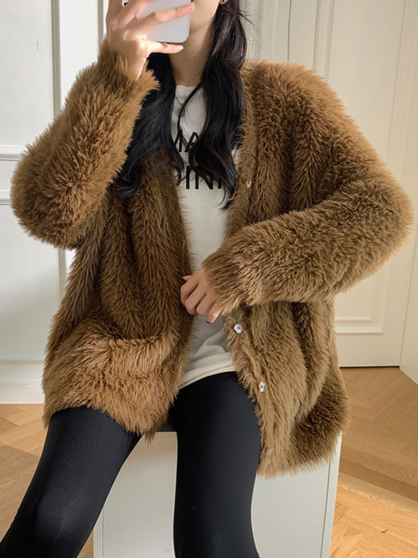 Casual Long Sleeves Loose Solid Color V-Neck Cardigan Tops