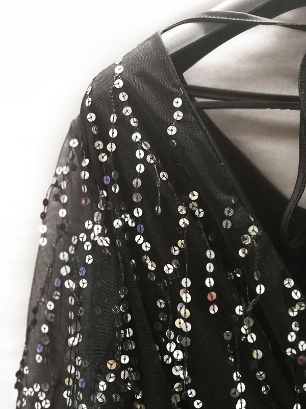 Gauze Pockets See-Through Sequined Split-Joint Long Sleeves Loose V-Neck Midi Dresses Evening Dresses