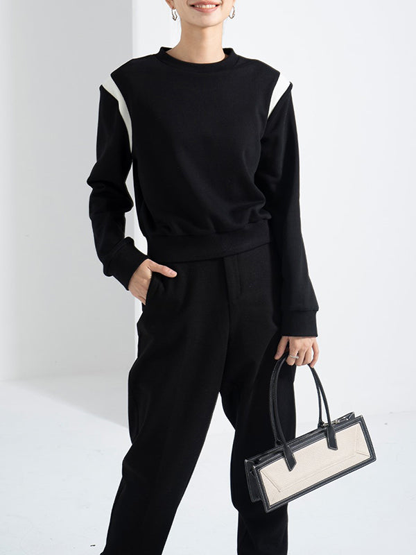 Contrast Color Long Sleeves Loose Round-Neck Sweatshirt Tops