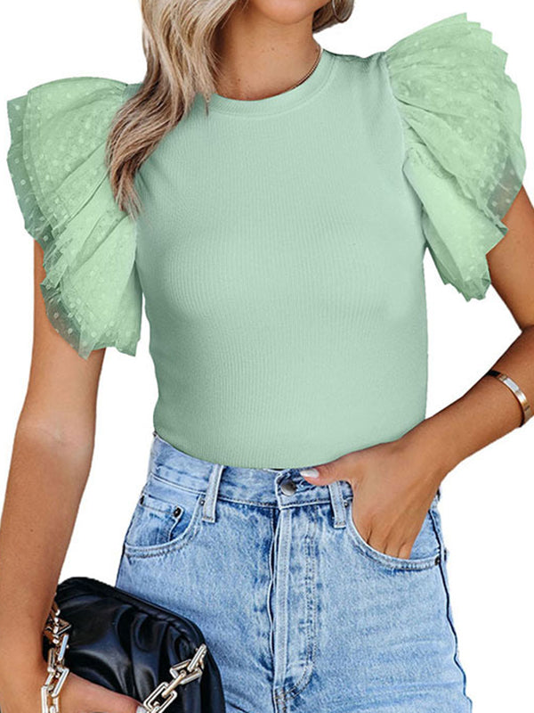 Split-Joint Ruffle Sleeves Skinny Round-Neck T-Shirts Tops