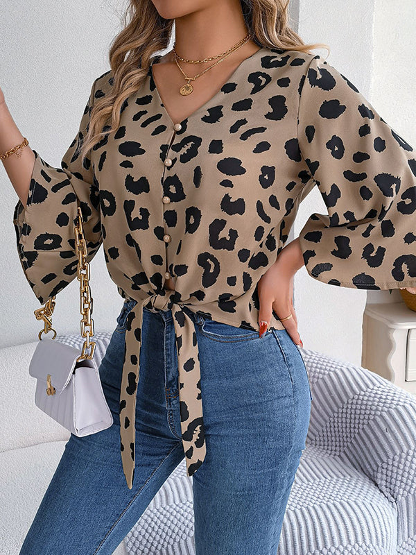 Buttoned Leopard Tied Flared Sleeves Half Sleeves V-Neck Blouses&Shirts Tops