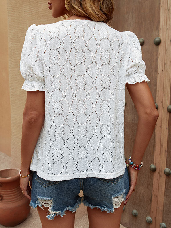 Elasticity Hollow Solid Color Bishop Sleeve Loose Round-Neck T-Shirts Tops