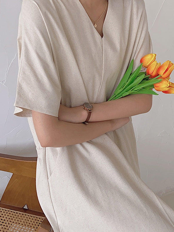 Loose Solid Color V-Neck Pleated With Pockets Midi Dresses