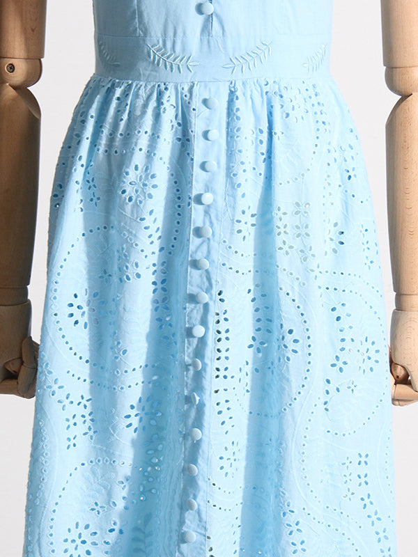 Buttoned Crochet Embroidered Hollow Solid Color Zipper High Waisted Sleeveless Deep V-Neck Maxi Dresses