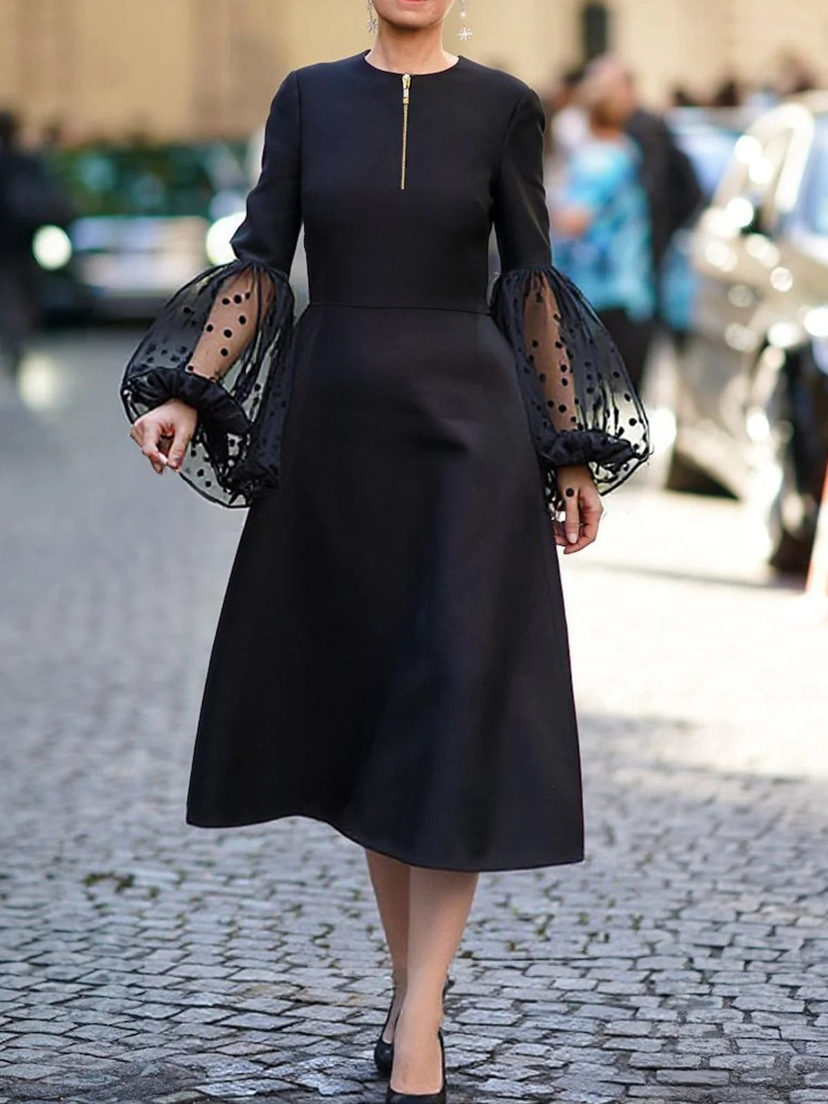 Mesh Patchwork Polka-Dot Split-Joint Zipper A-line Long Sleeves Round-neck Midi Dresses