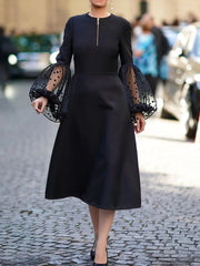 Mesh Patchwork Polka-Dot Split-Joint Zipper A-line Long Sleeves Round-neck Midi Dresses