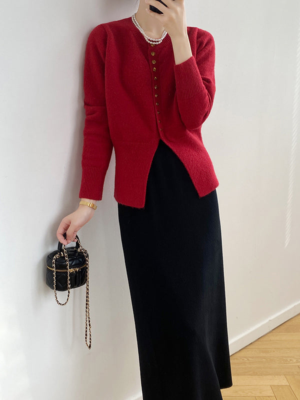 Elegant Long Sleeves Solid Color Round-Neck Cardigan Tops