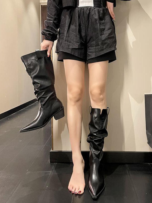 Pleated Pointed-Toe Solid Color Chunky Shoes Boots