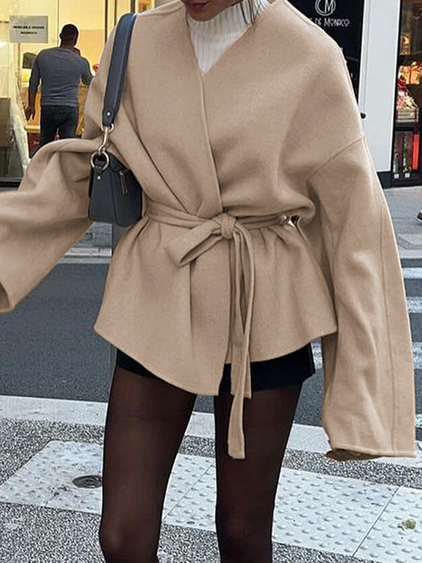 Solid Color Tied Waist Long Sleeves Loose V-Neck Outerwear
