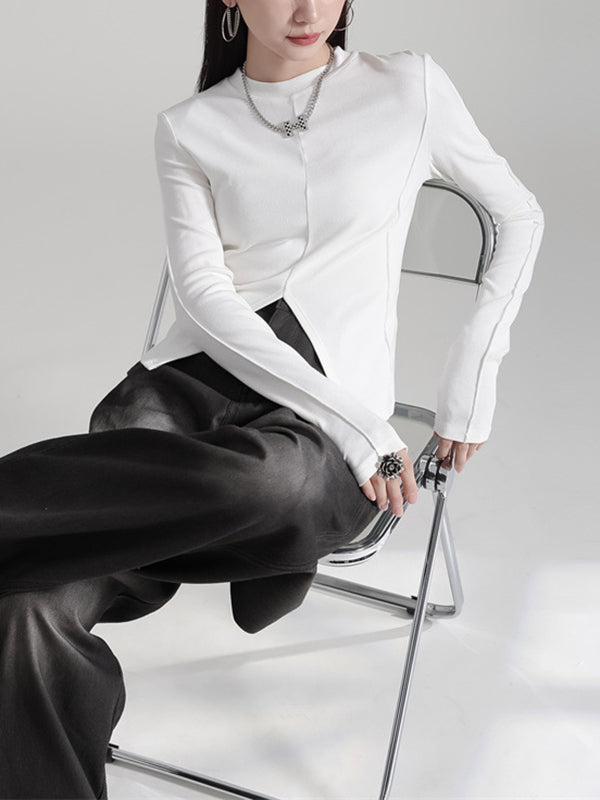 Solid Color Split-front Long Sleeves Skinny Round-neck T-Shirts Tops