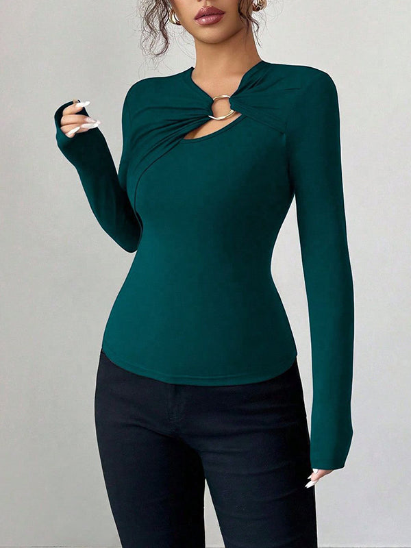 Solid Color Split-Joint Long Sleeves Skinny Asymmetric Collar T-Shirts