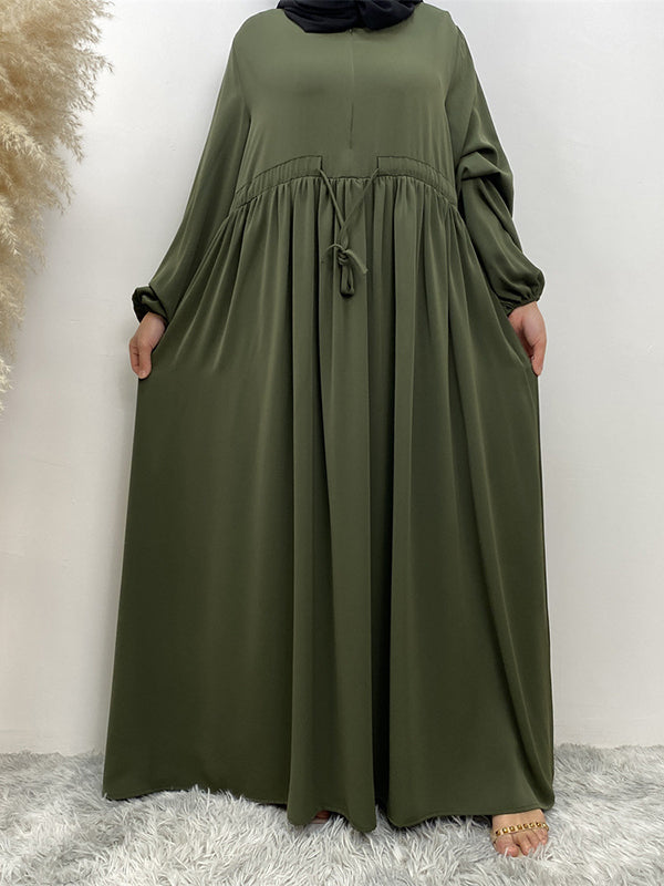 Drawstring Elasticity Muslim Pleated Solid Color Zipper Long Sleeves Loose Round-Neck Maxi Dresses