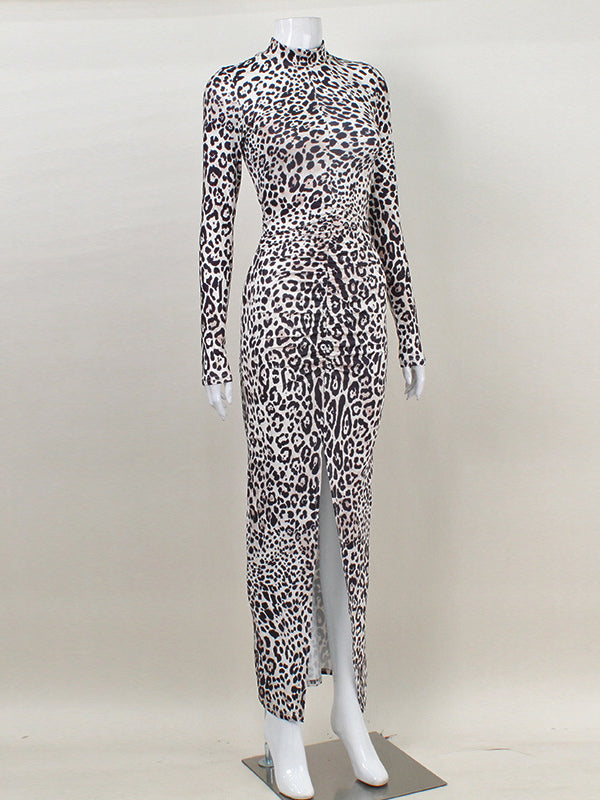 Leopard Pleated Printed Split-Front Bodycon Long Sleeves High Neck Maxi Dresses