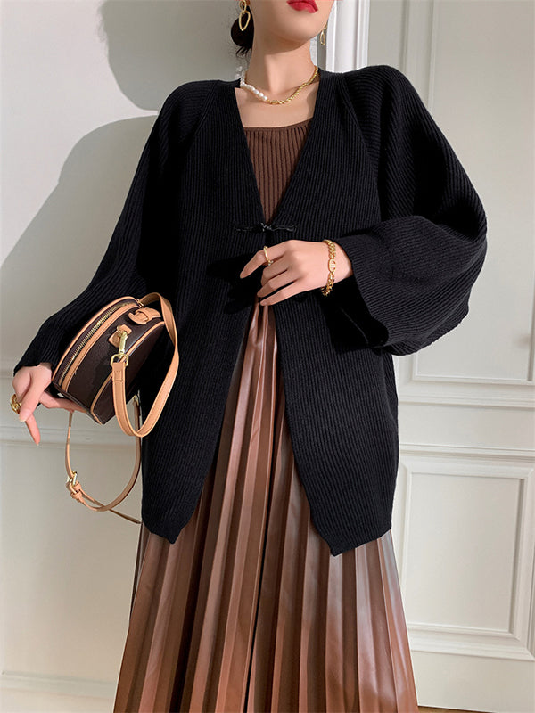 Long Sleeves Loose Solid Color Knitted Cardigan Tops