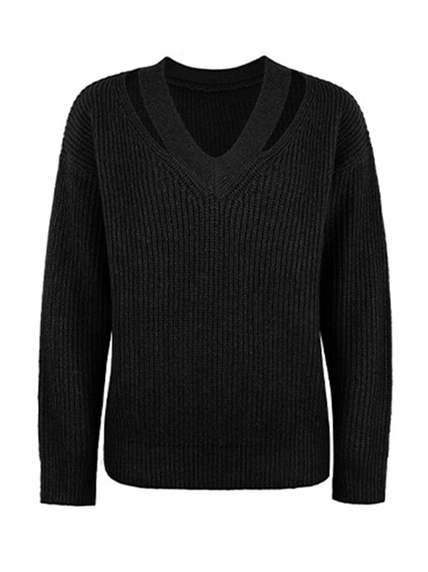 Stylish Loose Solid Color V-Neck Sweater Tops