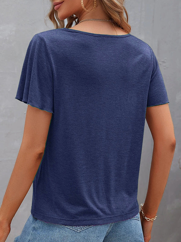 Hollow Solid Color Split-Joint Loose Plus Size V-Neck T-Shirts Tops