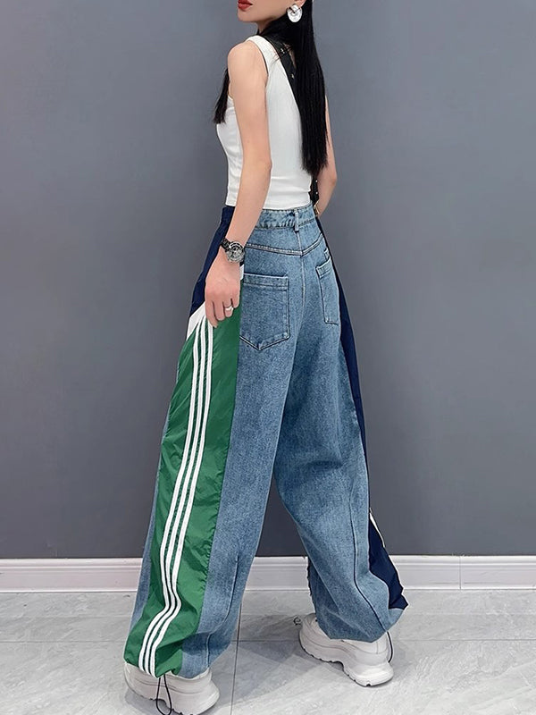 Contrast Color Drawstring Elasticity Fringed Split-Joint Loose Wide Leg Jean Pants Bottoms