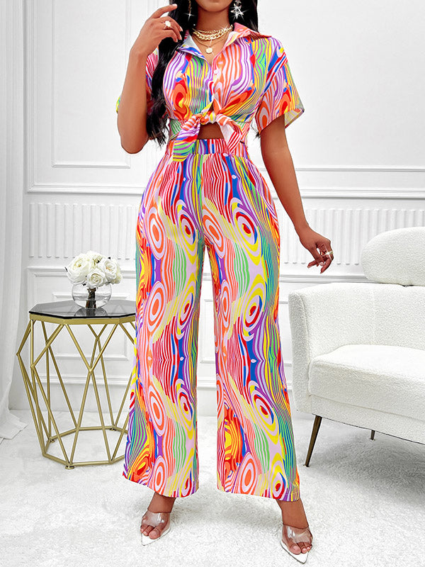 Buttoned Loose Short Sleeves Striped Lapel Shirts Top + Elasticity Pants Bottom Two Pieces Set