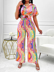 Buttoned Loose Short Sleeves Striped Lapel Shirts Top + Elasticity Pants Bottom Two Pieces Set