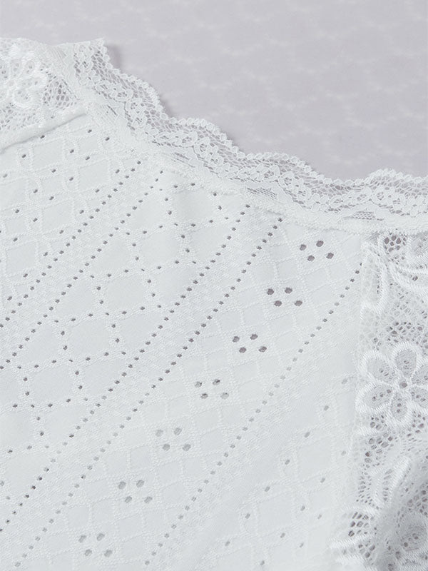 See-Through Solid Color Lace Split-Joint Short Sleeves V-Neck T-Shirts Tops