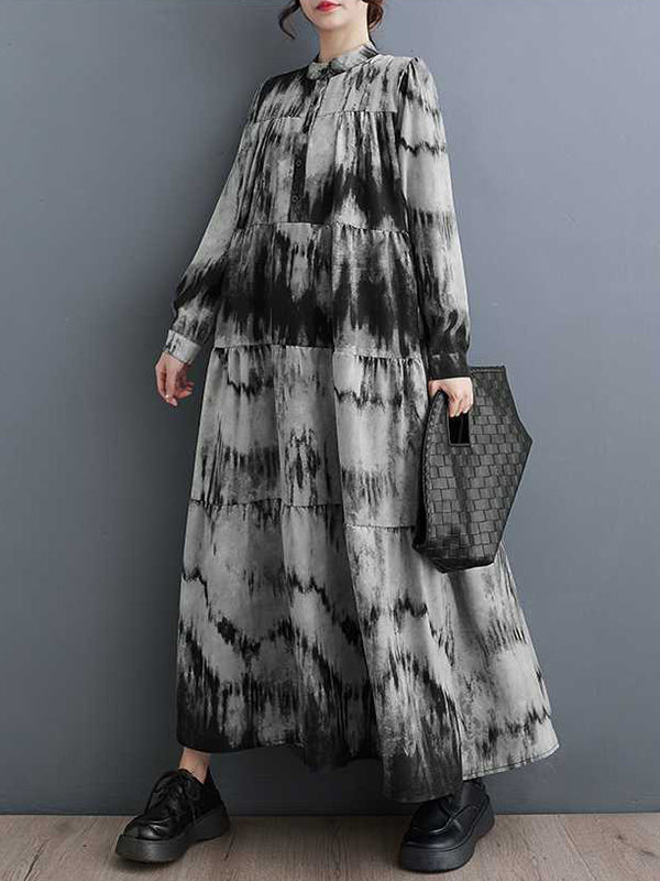 Pleated Printed Split-Joint A-Line Long Sleeves Stand Collar Midi Dresses