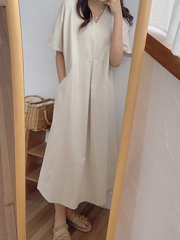 Loose Solid Color V-Neck Pleated With Pockets Midi Dresses