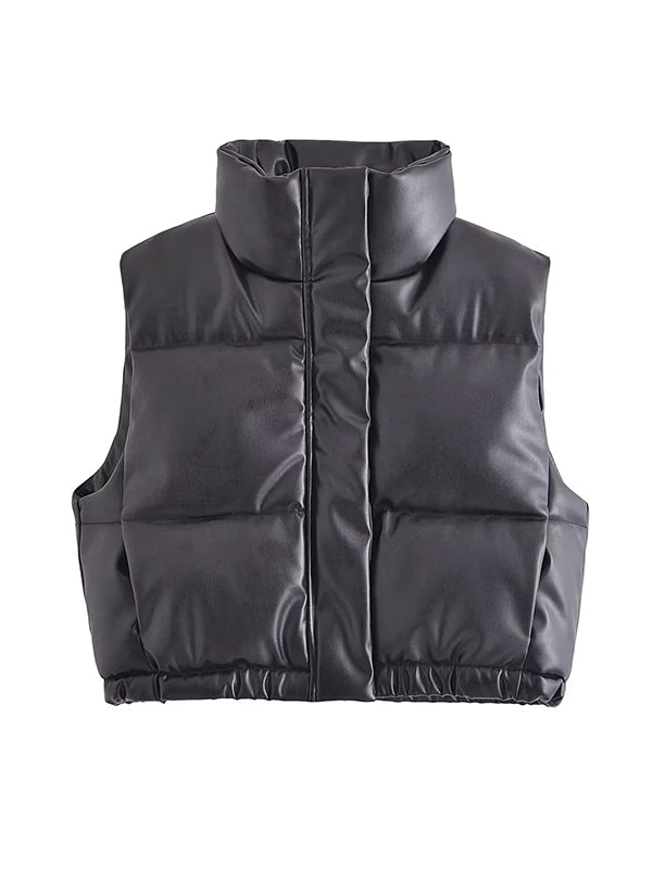 Drawstring Elasticity Solid Color Split-Joint Zipper Skinny Sleeveless Stand Collar Padded Vest