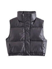 Drawstring Elasticity Solid Color Split-Joint Zipper Skinny Sleeveless Stand Collar Padded Vest