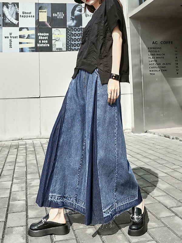 Elasticity Fringed Pleated Loose Wide Leg Jean Pants Bottoms