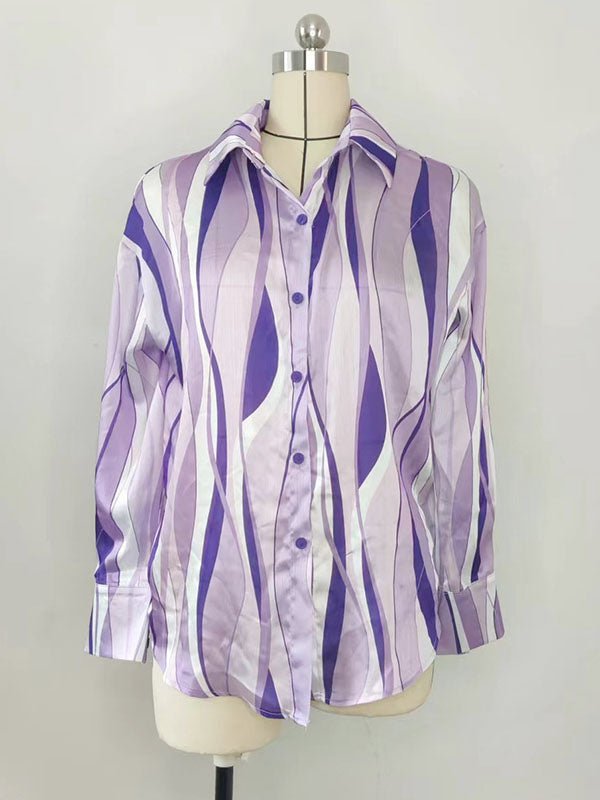 Contrast Color Striped Long Sleeves Loose Lapel Blouses