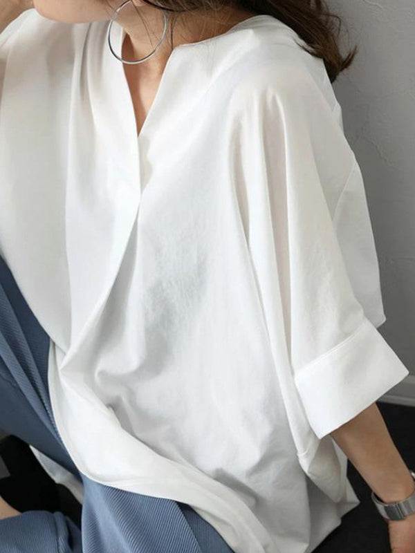 Pleated Solid Color Split-Joint Half Sleeves High-low V-neck Blouses&shirts Tops