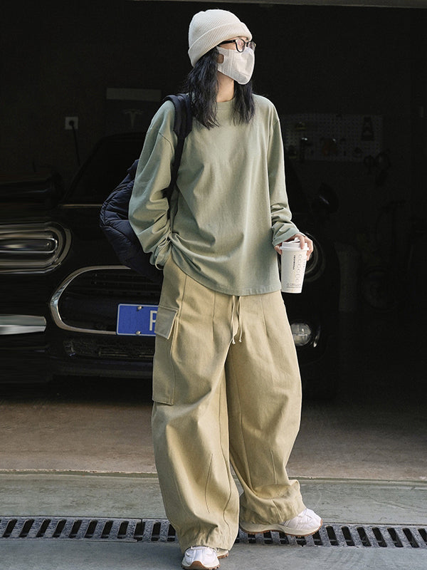 Casual Long Sleeves Loose Solid Color Round-Neck T-Shirts Tops