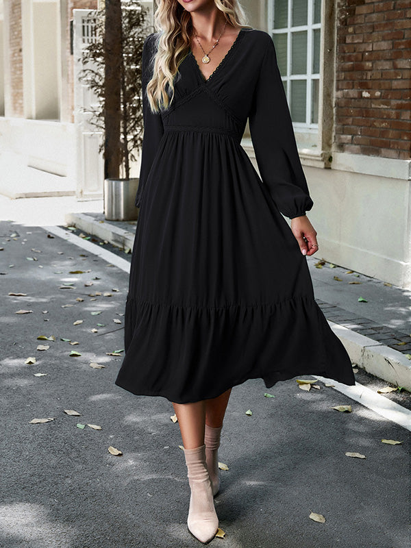 Pleated Solid Color Split-Joint A-Line High Waisted V-Neck Midi Dresses
