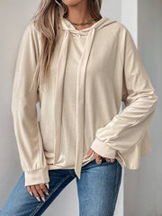 Drawstring Ruffle Trim Solid Color Split-Joint Long Sleeves Loose Hoodies Tops