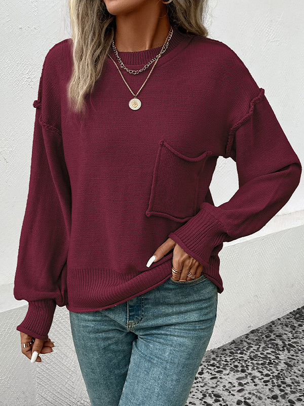 Pockets Solid Color Split-Joint Long Sleeves Loose Round-Neck Sweater Tops Pullovers