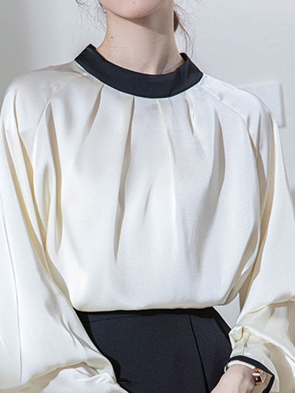 Contrast Color Pleated Split-Joint Loose Puff Sleeves Stand Collar Blouses